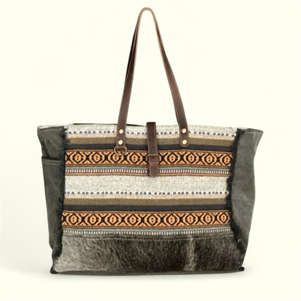 EUC! MYRA BAG BOHEMIAN PATTERNED TOTE BAG WITH LEATHER STRAPS